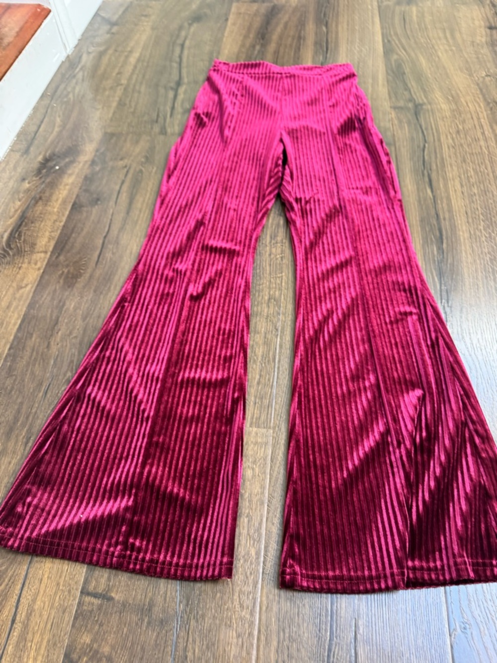 Ribbed Velvet Flared Pants in Deep Magenta